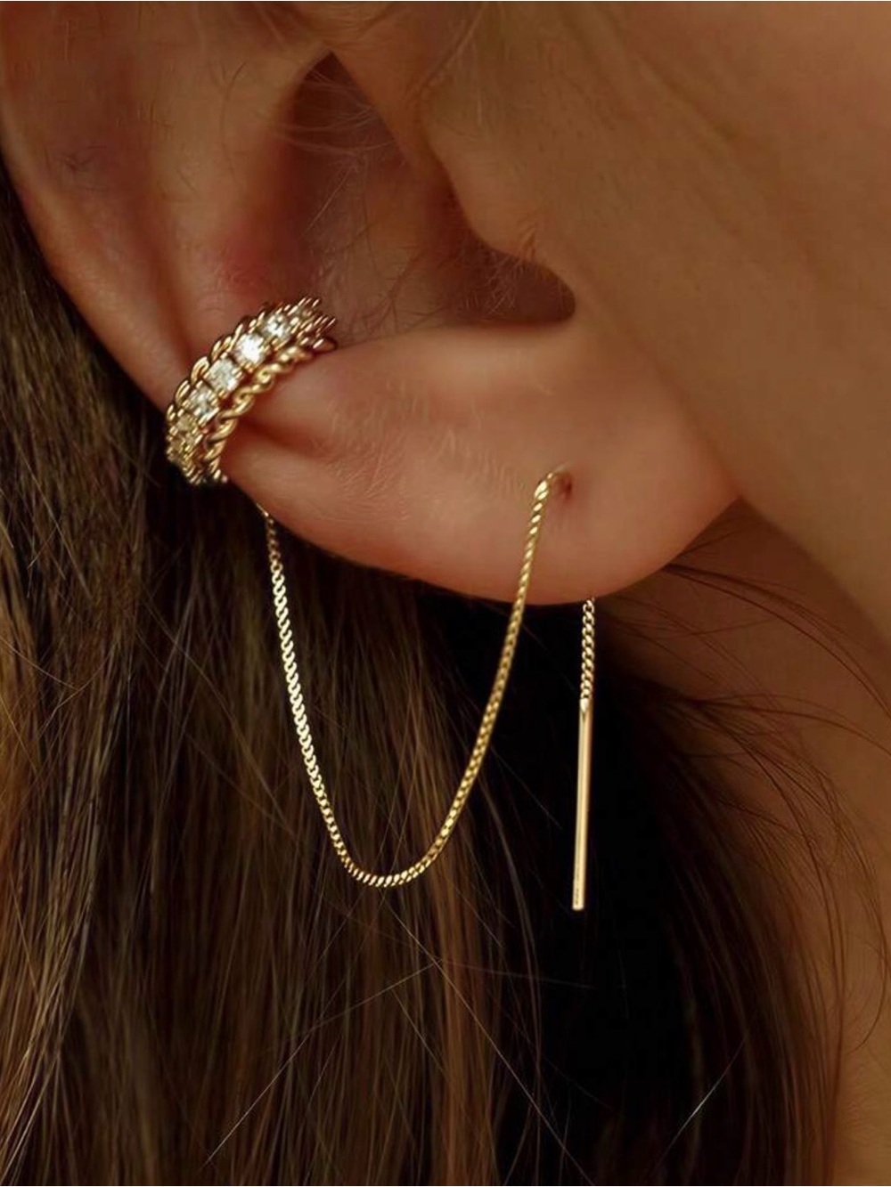Gold Double Chain Ear Cuff & Threader Earring - Women Jewelry
